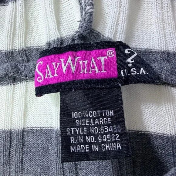 Say What? Women's Bella Swan V-Neck Striped Large Sweater in Gray and White - Picture 2 of 5